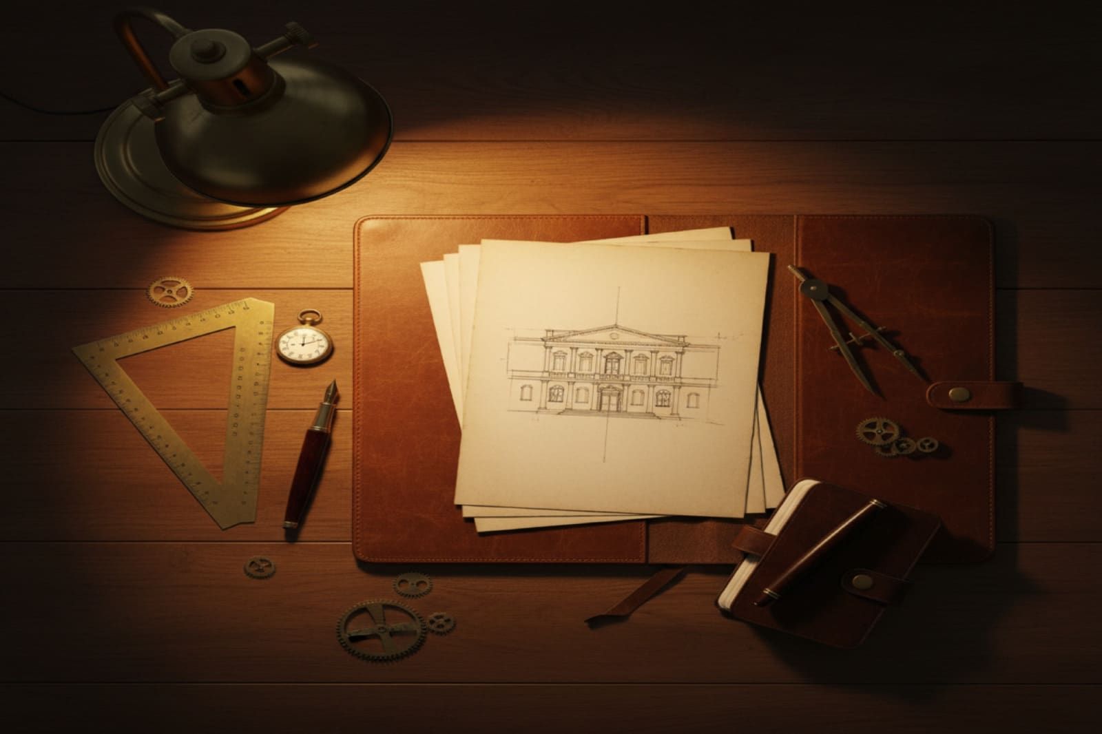 Overhead shot of strategist's desk with warm wood and drafting tools