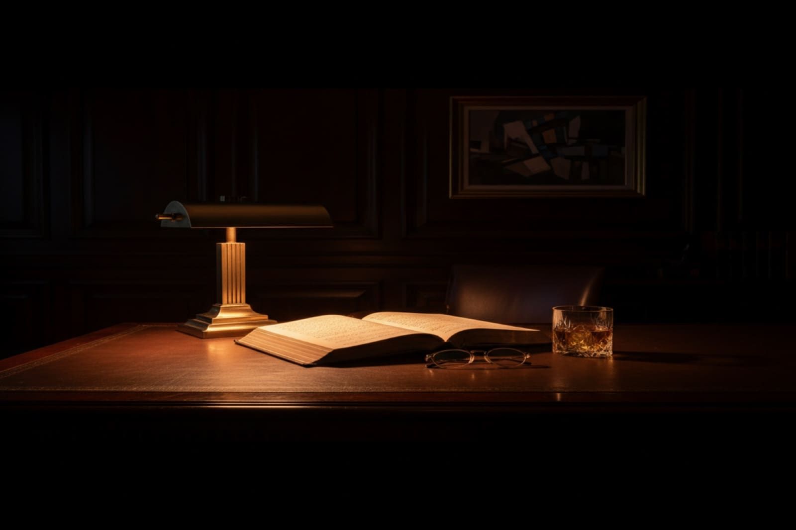 Night office with warm desk-lamp pool of light and leather ledger