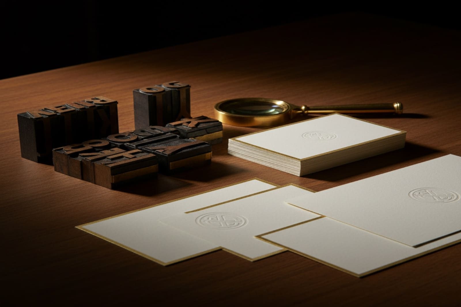 Printed brand collateral still life with letterpress and brass loupe