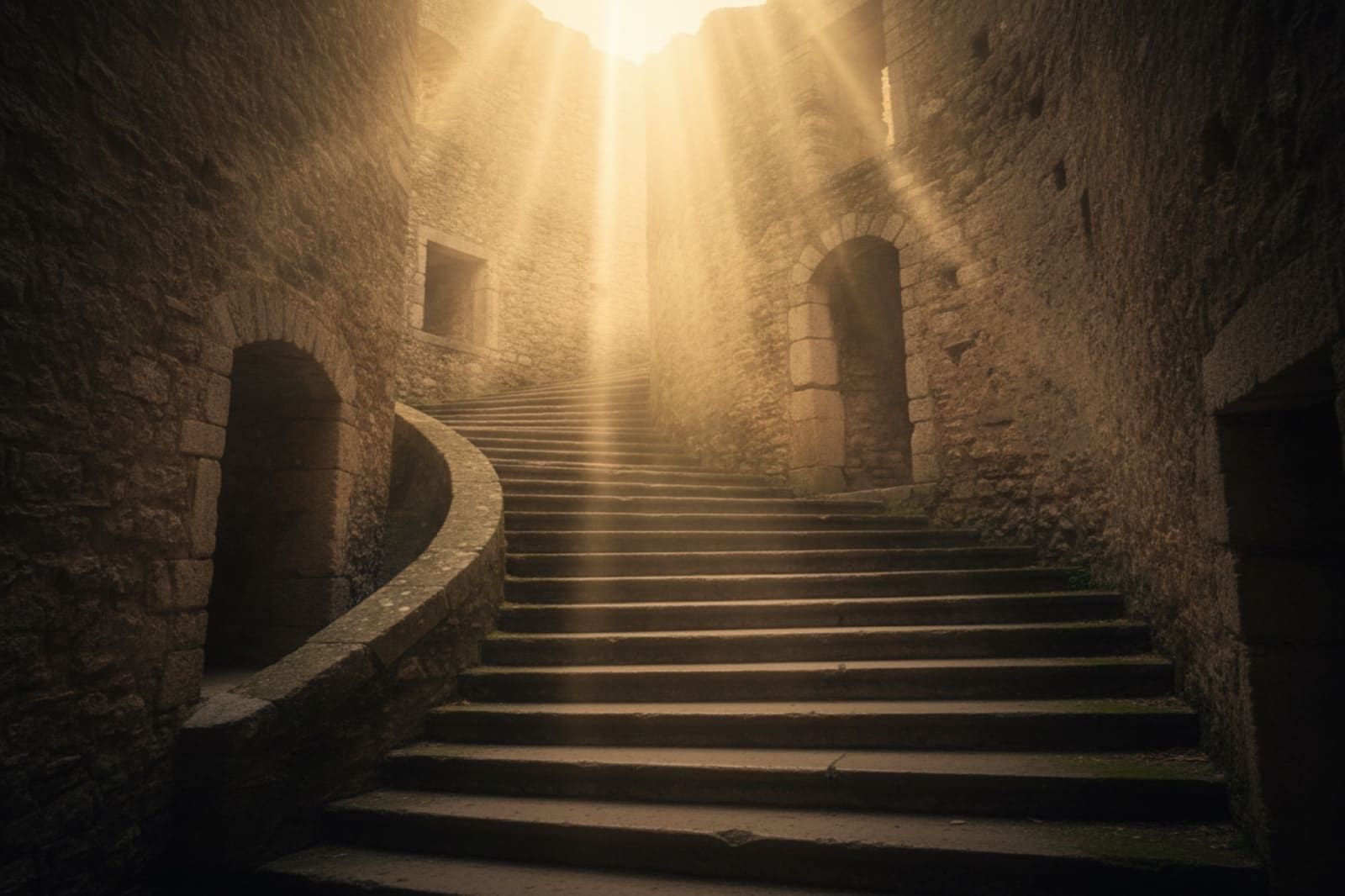 Worn stone staircase rising into golden-hour haze