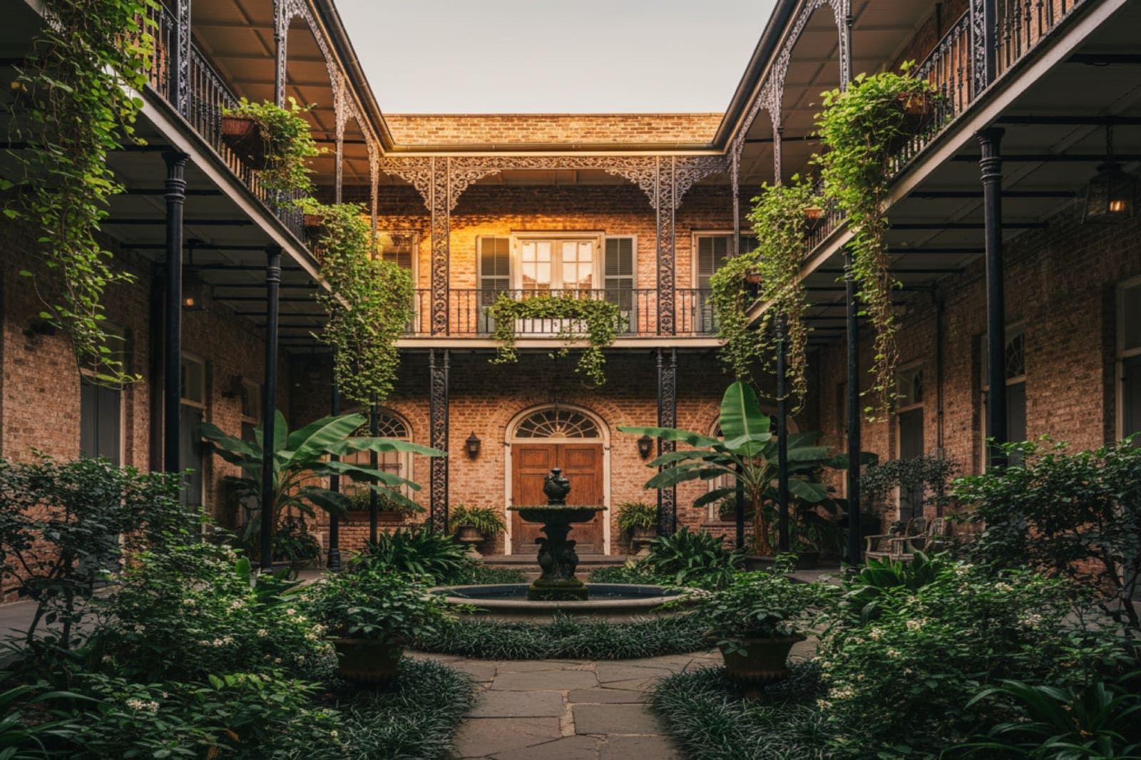 New Orleans courtyard at golden hour