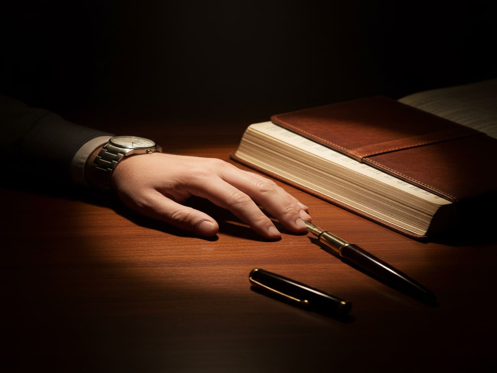 Hand at rest beside leather ledger and fountain pen